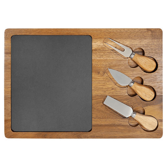 Acacia Wood/Slate Rectangle Cheese Set with Three Tools- 13 3/4" x 9 3/4"