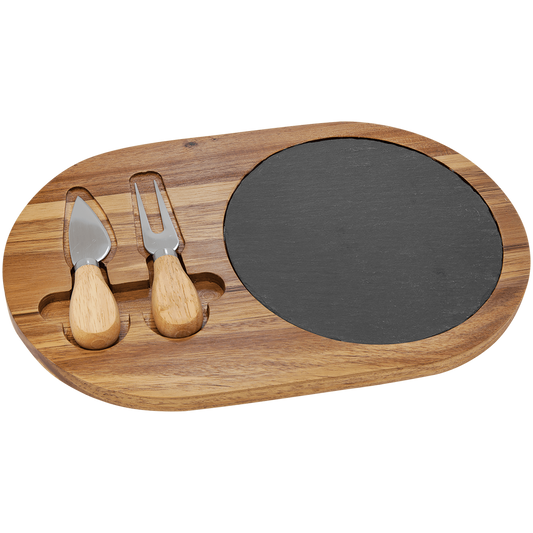 Acacia Wood/Slate Oval Cheese Set with Two Tools- 12 1/2" x 7 3/4"