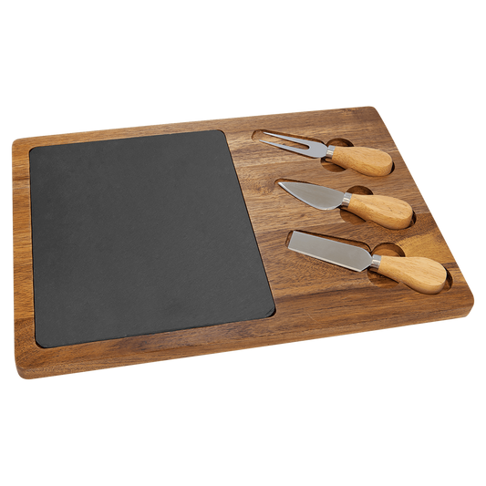 Acacia Wood/Slate Rectangle Cheese Set with Three Tools- 13 3/4" x 9 3/4"