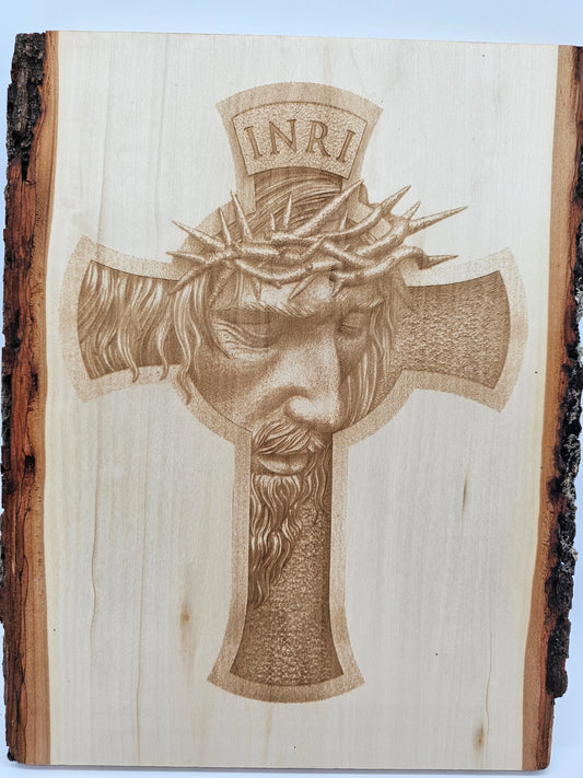 Laser Engraved 3D Illusion Jesus Crown of Thorns, 13" x 10" w/ Live Edge