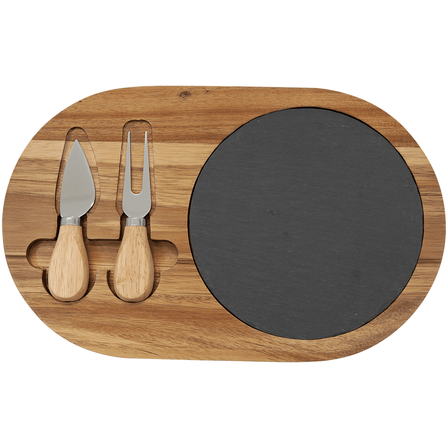 Acacia Wood/Slate Oval Cheese Set with Two Tools- 12 1/2" x 7 3/4"
