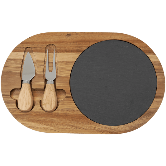 Acacia Wood/Slate Oval Cheese Set with Two Tools- 12 1/2" x 7 3/4"