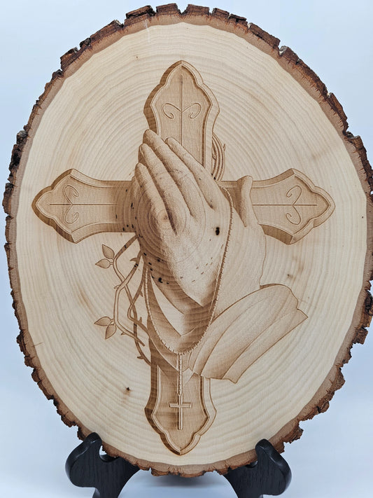Laser Engraved 3D Illusion Prayer Hands w/ Cross, 14" x 11" Round