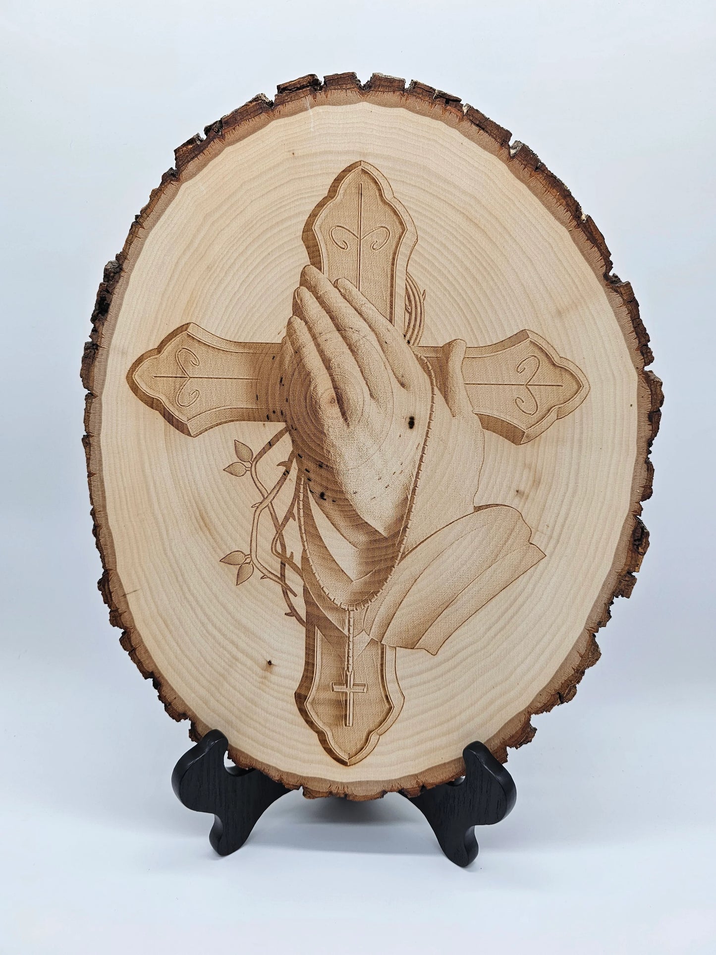 Laser Engraved 3D Illusion Prayer Hands w/ Cross, 14" x 11" Round