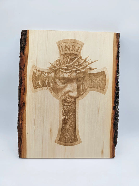 Laser Engraved 3D Illusion Jesus Crown of Thorns, 13" x 10" w/ Live Edge